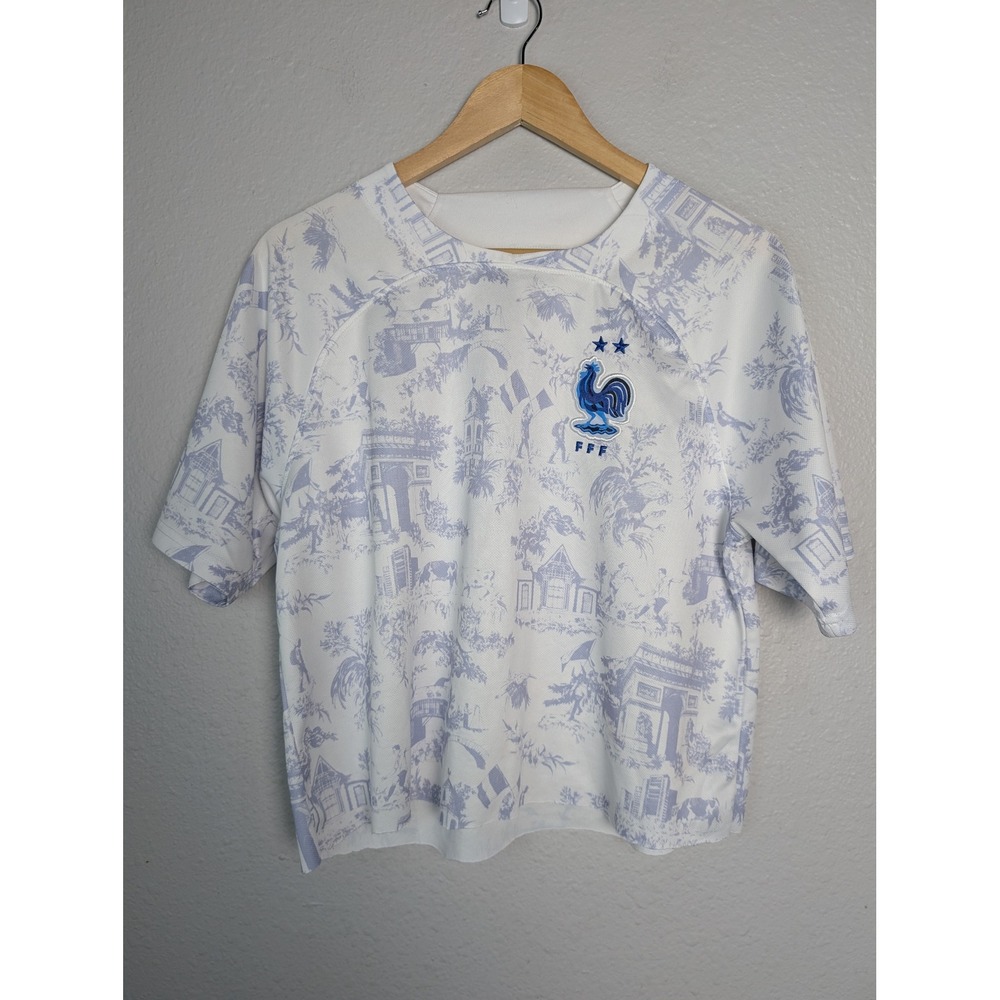 Nike France FFF Toile de Jouy Soccer Jersey White Blue Truko 77 Women XL Cropped - Picture 2 of 8